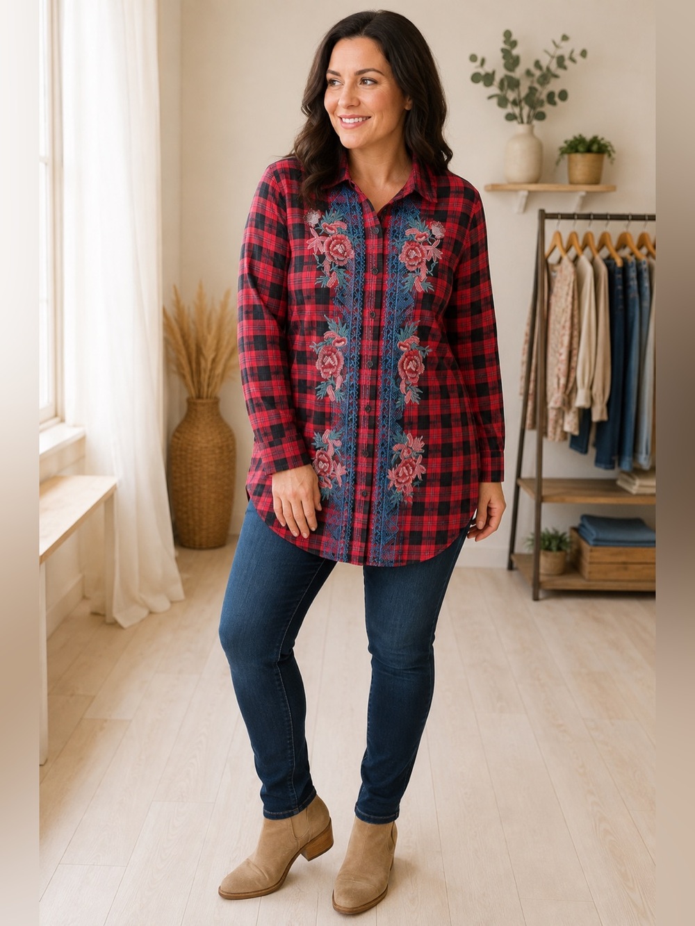 Red and Black Plaid Button-Down Shirt with Blue Floral Embroidery